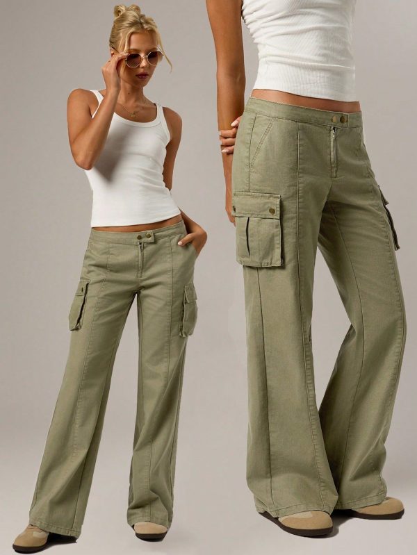 Spring Vacation Vintage Olive Cargo Flare Leg Low Waist Jeans For Women