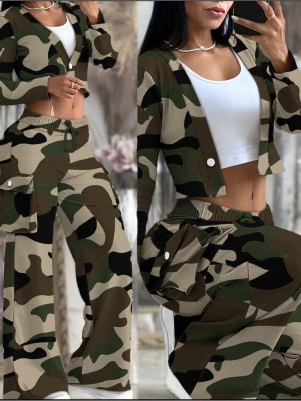 Women's Spring Summer New Fashionable Solid Color Printed Sexy Waist Short Top Casual Pants Set For