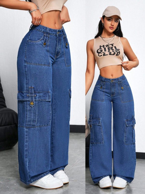 Women's Casual Loose Fit Wide Leg Denim Pants With Pockets, Suitable For Daily Wear And Going Out