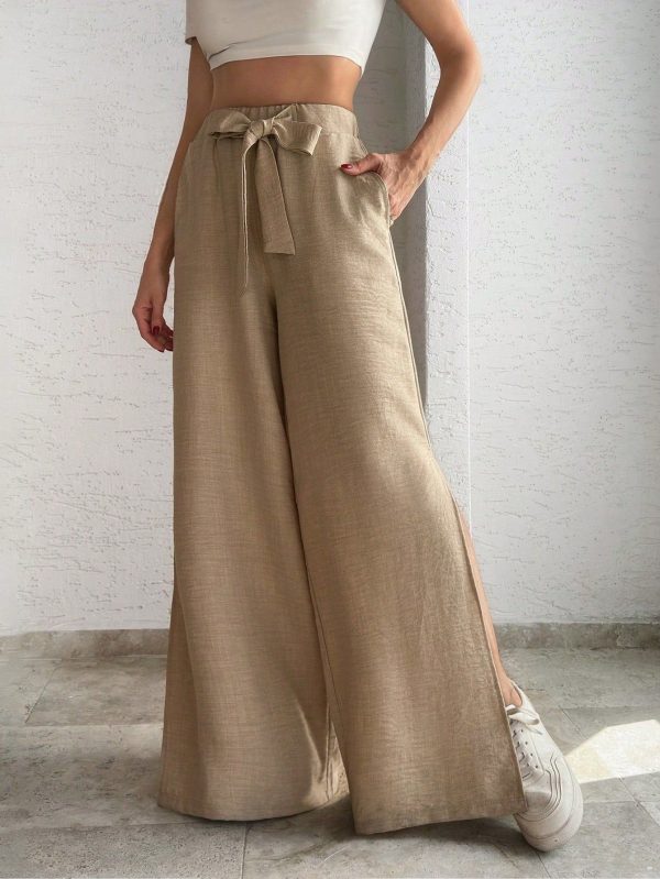 High-Waisted Wide-Leg Linen Pants With Tie Belt - Featuring A Relaxed Fit, Pleated Front, And Lightweight, Breathable Fabric, Designed With A Self-Tie Waistband For Adjustable Comfort, Perfect For Casual Summer Days, Beach Getaways, Or Effortlessly Elegant Outfits