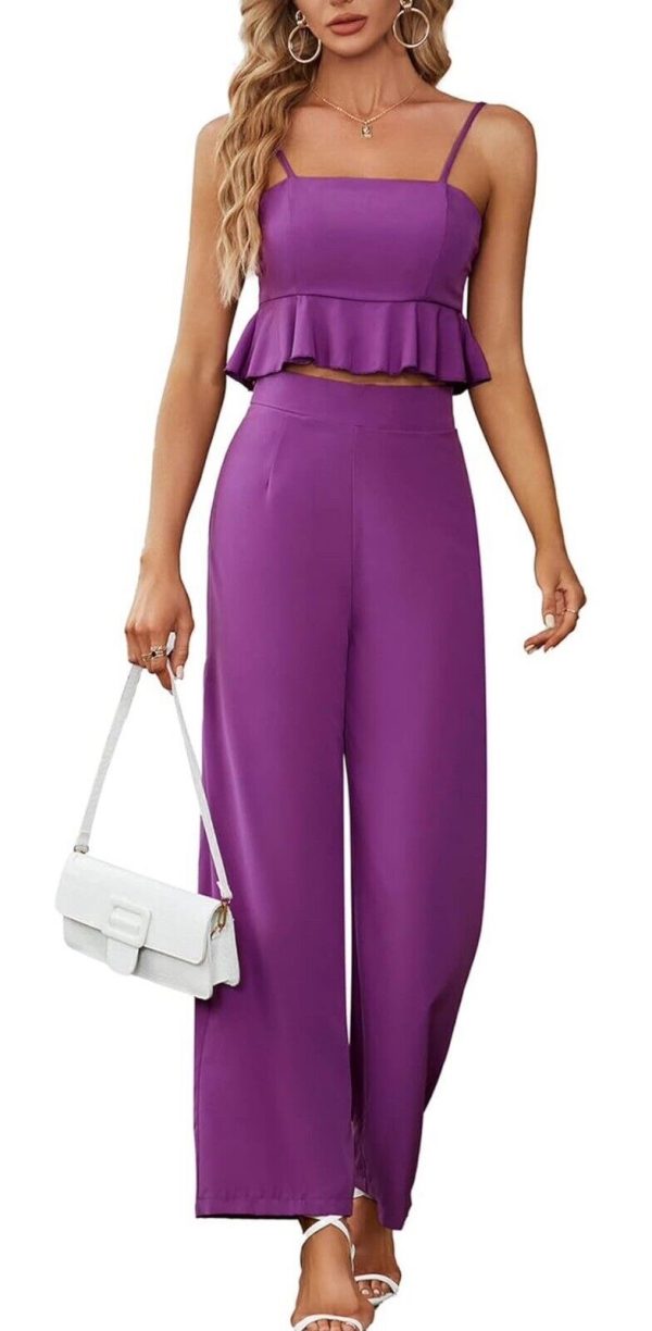 Vrtige Women's 2 Piece Outfit Ruffle Hem Cami Crop Top Wide Leg Xl Purple