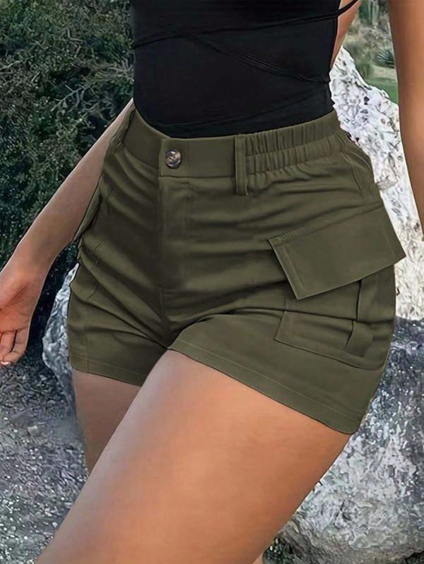 Women's Solid Color High Waisted Crop Casual/Beach/Holiday/Outdoor Sport Utility Shorts With 3D Pockets, Suitable For Summer