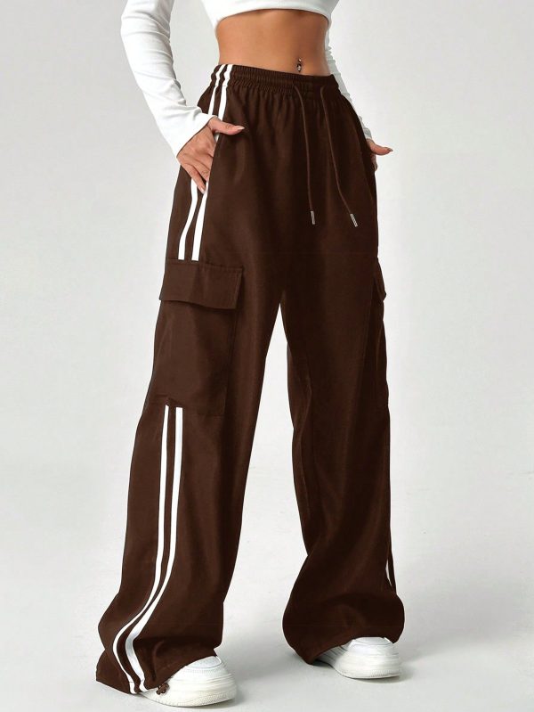 Women Casual Color Block Striped Drawstring Waist Workwear Long Pants