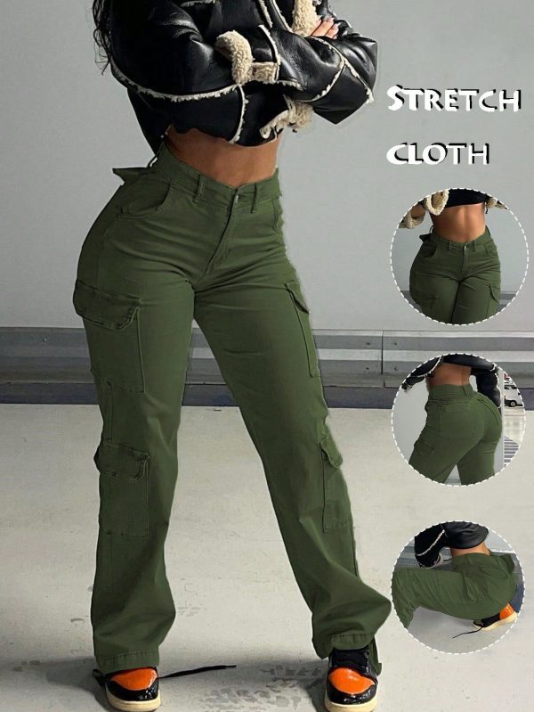 Cargo Women Pants Stretch Multi-Pocket Casual Y2K Style Black Baggy Pants