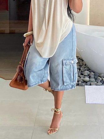 Women Casual Plain Spring/Fall Mid Waist Wide leg pants Denim H-Line Regular Pocket Stitching Jeans