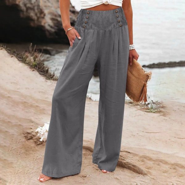 Summer Cotton Linen Wide Leg Pants Women Loose Palazzo Pant Pocket Elastic Waist Button Casual Pants - Gray / S