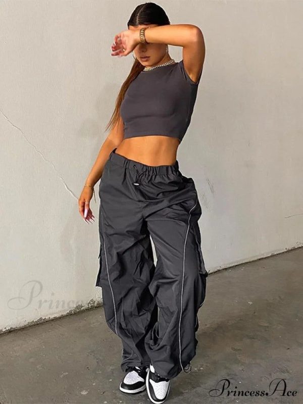 Drawstring Baggy Y2K Cargo Pants - Black 1 L