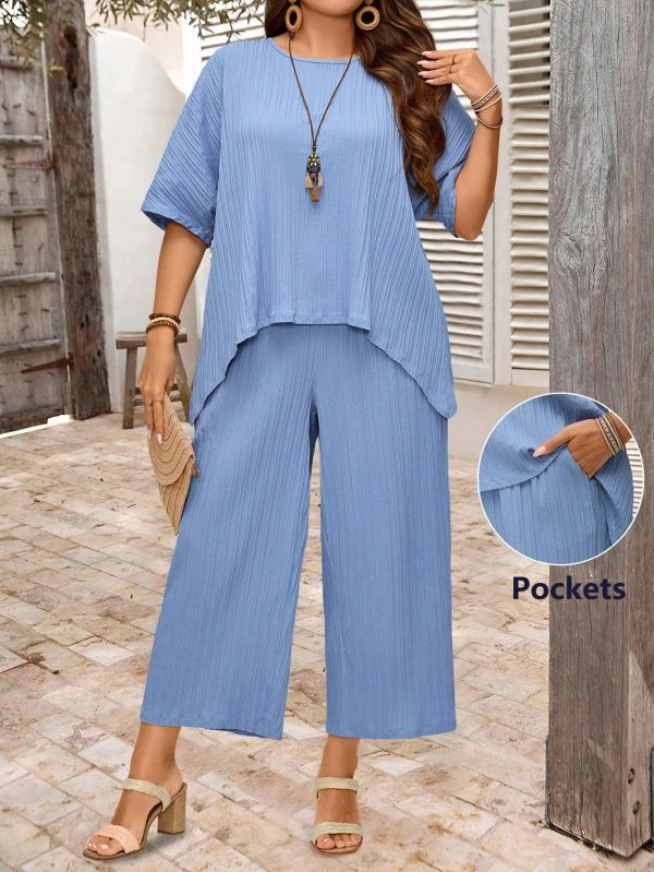 2 Pieces Set Plus Size Women Blue Dolman Sleeve Short Sleeves Round Neck Asymmetric Hem Casual Shirt And Pants With Pockets, Summer Outfits For Women, Vacation Outfits Women, Simple And Fashionable For Everyday Wear