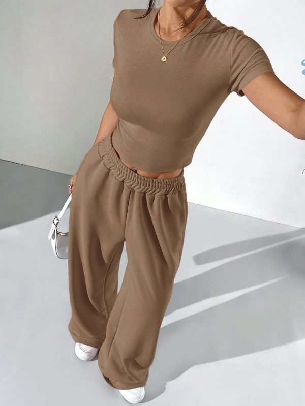 2pcs/Set Summer Gray Tight Fit Short Sleeve T-Shirt And Loose Sweatpants Casual Outfit