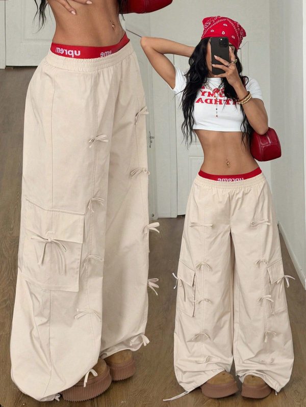 Women's Summer Streetwear Y2K Athleisure Gyaru  Rave Outfit Baggy  Utility Pocket Wide Leg Casual Graduation Preppy Pants With Bow Decor