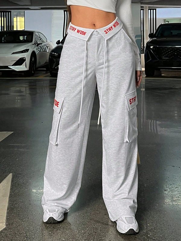 Letter Graphic Flap Pocket Side Drawstring Waist Sweatpants