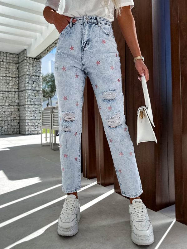 Hazel Blues® |  Distressed Star Straight Jeans with Pockets - Light / M