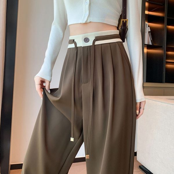 Vintage Colorblock Loose Women Wide Leg Full Pant 2025 New High Waist Spring Summer Lace-up Casual