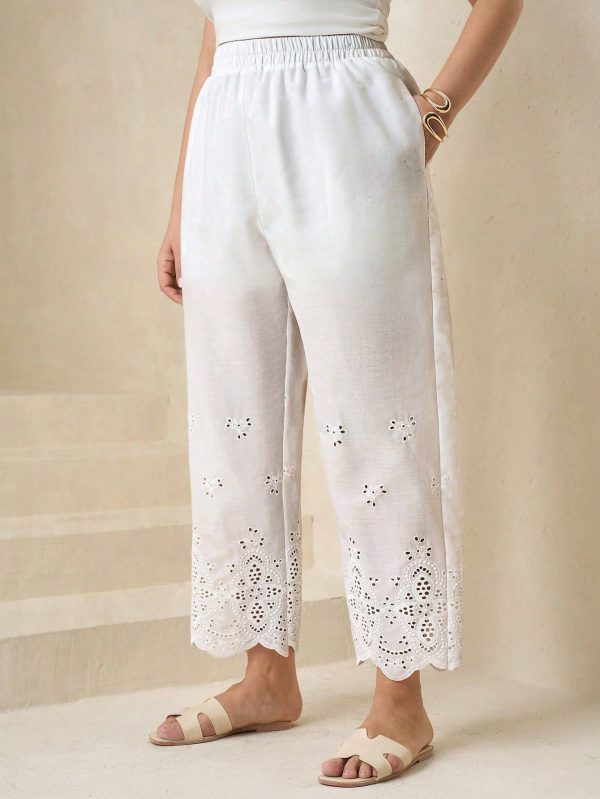 Plus Size Women Elastic Waist Pants With Pockets, White Embroidered Woven Fabric, Elegant For Daily Wear, Spring/Summer Pants For Women Pants Women Palazzo Pants
