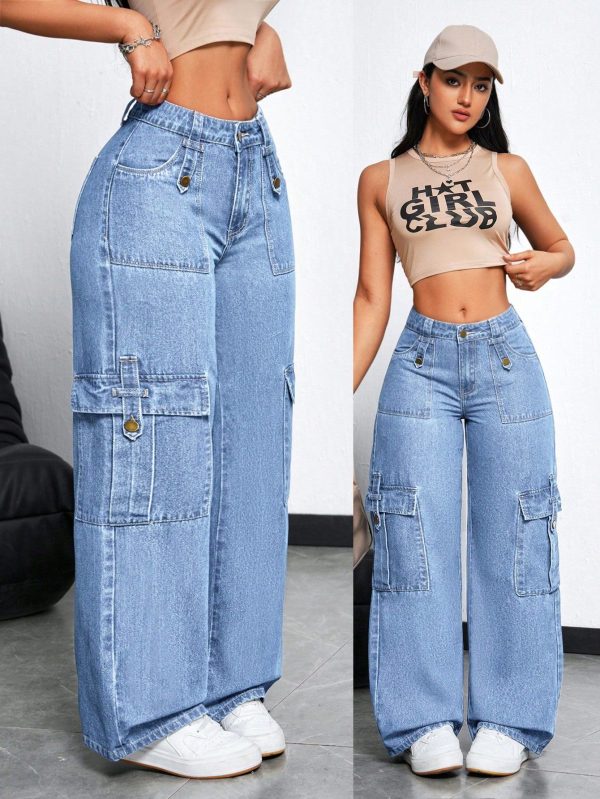 Women's Front Button Simple Multi-Pocket Casual Wide Leg Jeans, Daily Wear