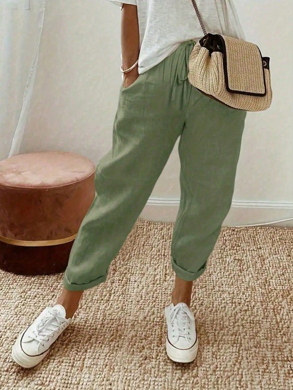 Women's Solid Color Elegant Drawstring Waist Pockets Casual Straight Leg Pants, Suitable For Beach, Office, Home, Spring/Summer/Autumn