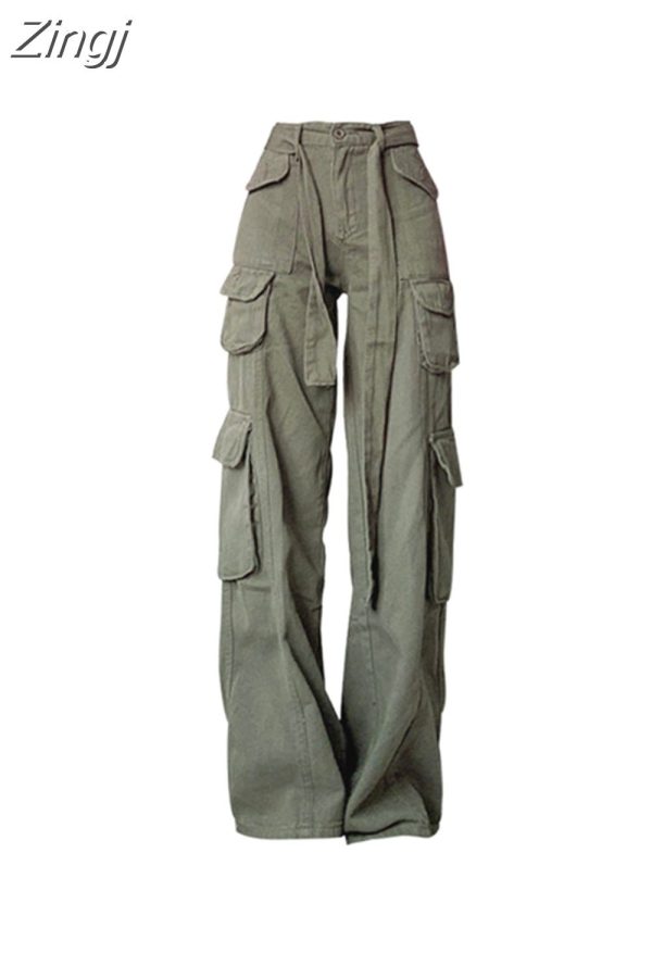 Zingj Army Green Overalls Wide Leg Cargo Women Pants Women's Trousers Sexy Low Waist Loose Casual Trousers Streetwear New Army Green-S