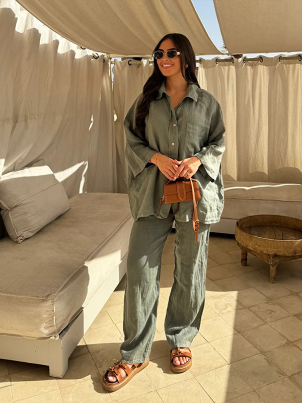 Vintage Solid Shirt Trousers Suit Women Single Breasted Long Sleeve Shirt Wide Leg Pants Set Female