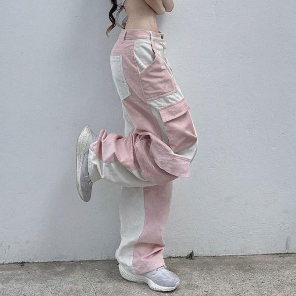 Zingj Patchwork Corduroy 90s Cargo PantsOutfit Ideas Pink-L