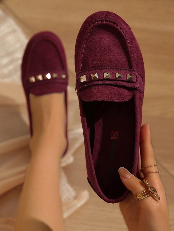 Women's Round Toe Rivet Decor Casual Loafers, Flat Comfort Soft Sole Non-Slip Slip-On Shoes, Red/Orange, Suitable For Mother's Day Gift, Comfortable Walkable For Moms, 2025 New Arrival