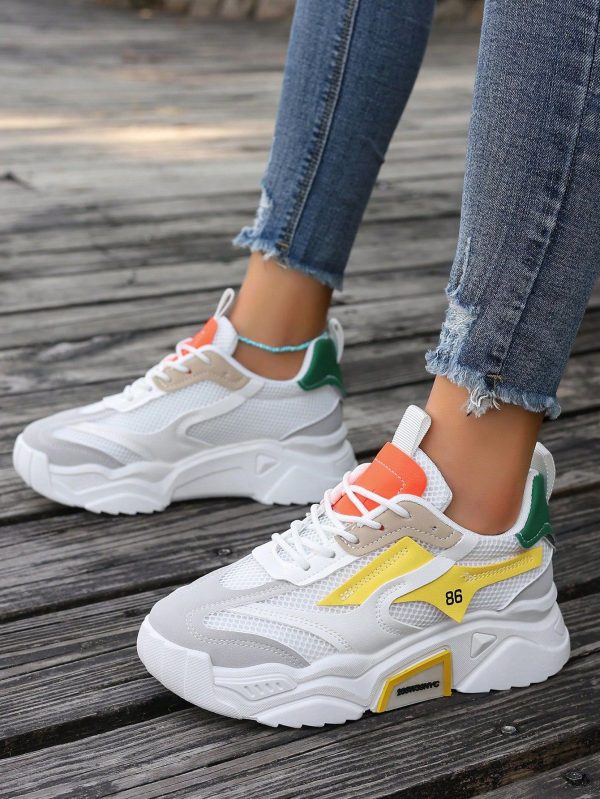 2023 New Women Sports Shoes Thick Sole Chunky Sneakers, Multi-Color, Increased Height, Mesh Breathable Patchwork Casual Sneakers, All Season