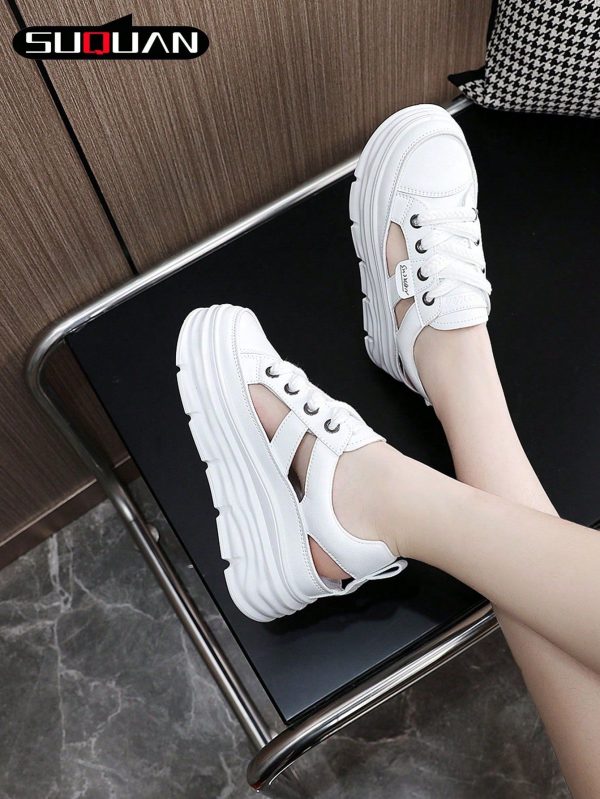 Women's Thick Sole Leather Hollow-Out Lace-Up Fashion High Quality Casual Sandals, New Korean Version Comfortable Platform Casual Shoes Suitable For Petite Women