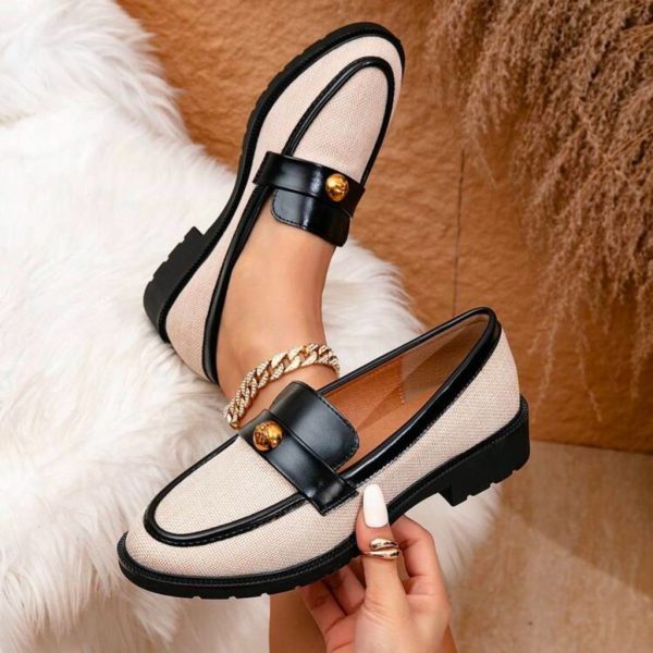 Rebellious Rose Shoes | Women's Elegant Apricot Round Toe Flat Canvas Shoes With Black Pu Trim, | Color: Black/Cream | Size: Various