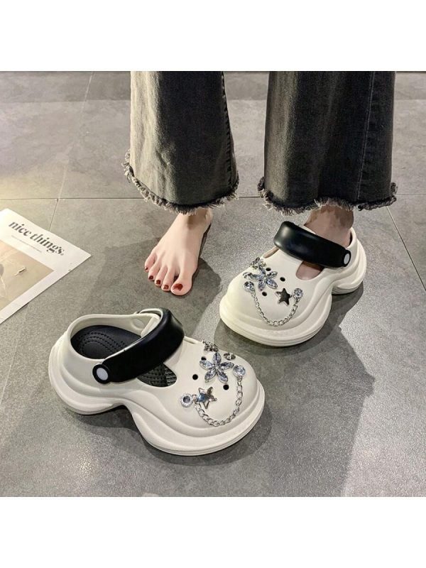 2025 Spring And Summer New Rhinestone Chain Metal Hole Shoes Can Be Worn Both Thick Bottom Non-Stinky Feet Non-Slip Women