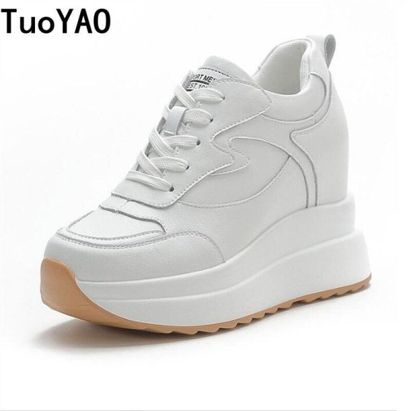 Women Platform Trainers Genuine Leather Sneakers 10cm Heels Wedges Shoes