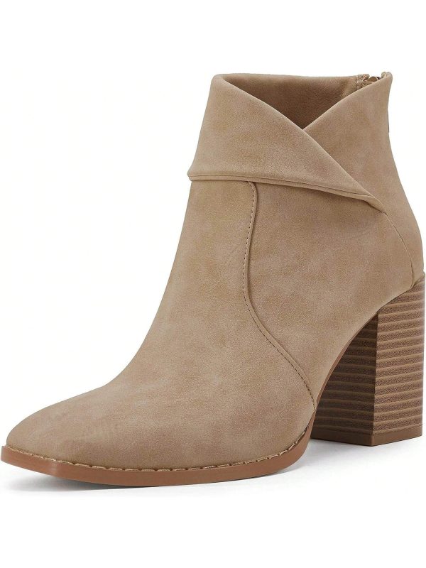 Women's Square Toe Ankle Boots High Chunky Stacked Heel Slip On Criss Cross Zipper Booties
