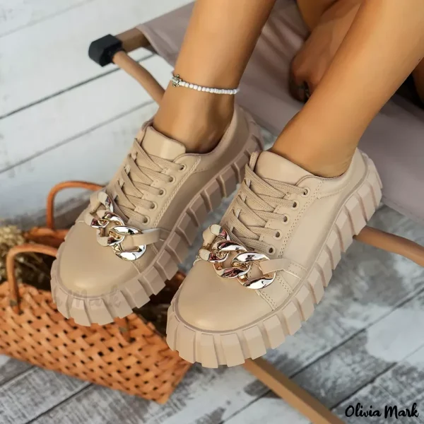 Olivia Mark - Lace-up Front Skate Shoes with Decorative Chain Accents - Khaki, 7