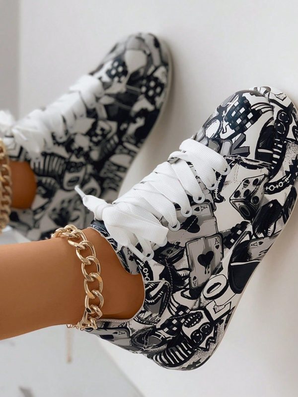Women's Colorful Graffiti Print Low-Top Sneakers - Breathable Synthetic Cover Casual Shoes With Rubber Sole, Lace-Up Design, All-Season Comfort For Casual Attire, Casual Sneakers | Playful Design Shoes | Durable Casual Shoes