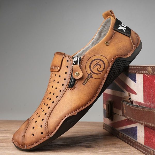 Men's Breathable Faux Leather Slip-On Casual Shoes – Vintage Style Loafers with Zipper  Perforated Design for Driving, Walking  Daily Wear