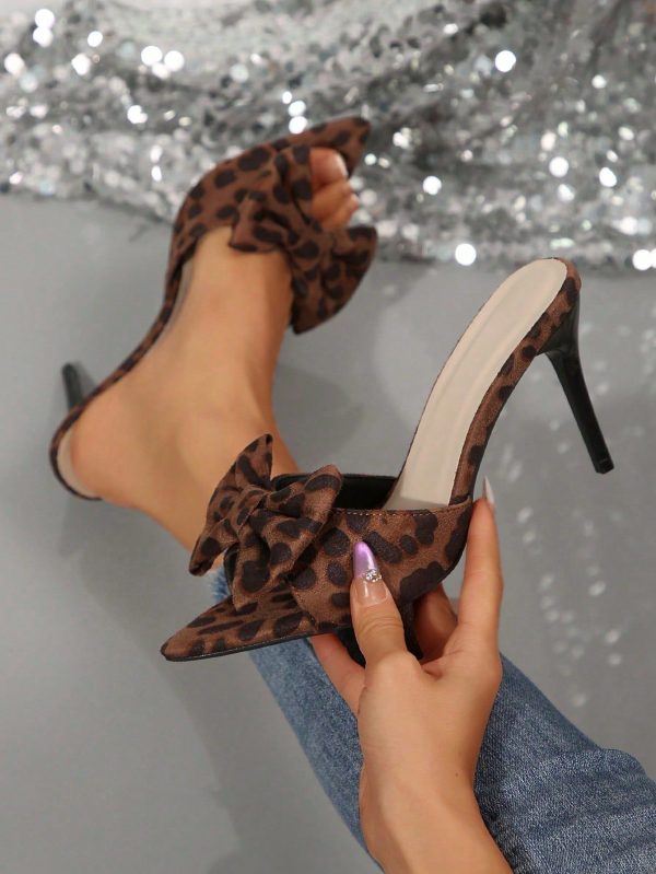 Women's Sandals, French Open Toe Sexy Leopard Print 2-Inch Chunky Heels With Bow Decor, Suitable For Fashion Party, Casual And Street Wear