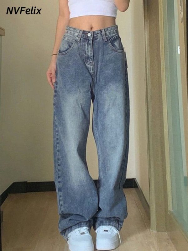 Jeans Vintage Baggy Straight Denim Trousers Y2k High Waist - Blue / S