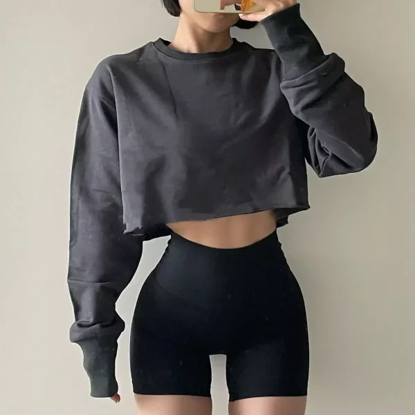 High Waist Short Colorful Long Sleeve Crew Neck Sweatshirt Women's Pure Color Belly Button Baring