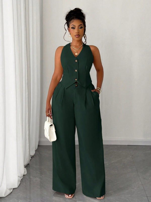 2pcs Plus Size Women Set: Solid Color Short Vest/Waistcoat & Wide Leg Pants, Casual Outfit