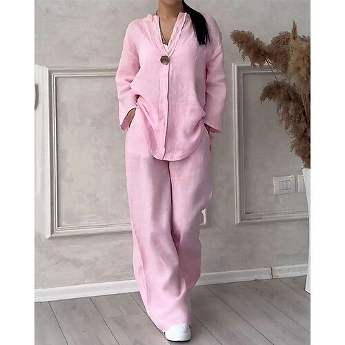 Women's Fashion Streetwear Poly-Cotton Linen Texture Sets  Long Sleeve V Neck Solid Color Drawstring Daily Wear Date Black White Pink Spring Regular Fit