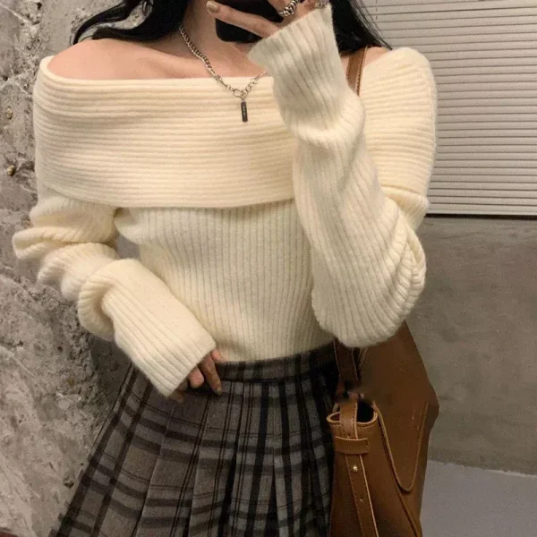 Lucyever Slash Neck Knitted Sweater Women Sexy Off Shoulder Long Sleeve Pullovers Female Korean