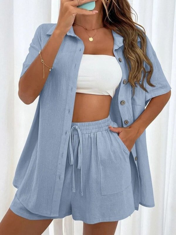 Demi Button Up Shirt and Drawstring Shorts Set - Misty  Blue / S