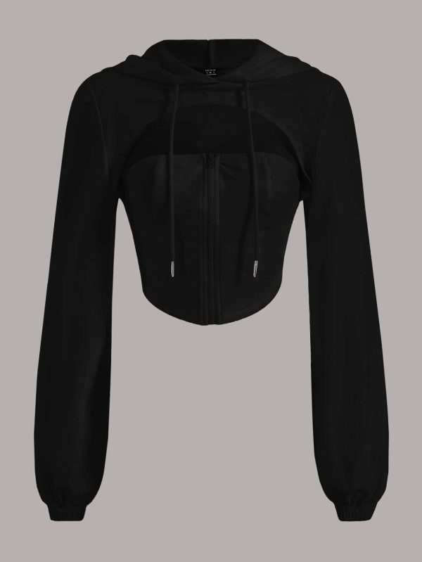 Zip Up Drawstring Hooded Crop Sweatshirt