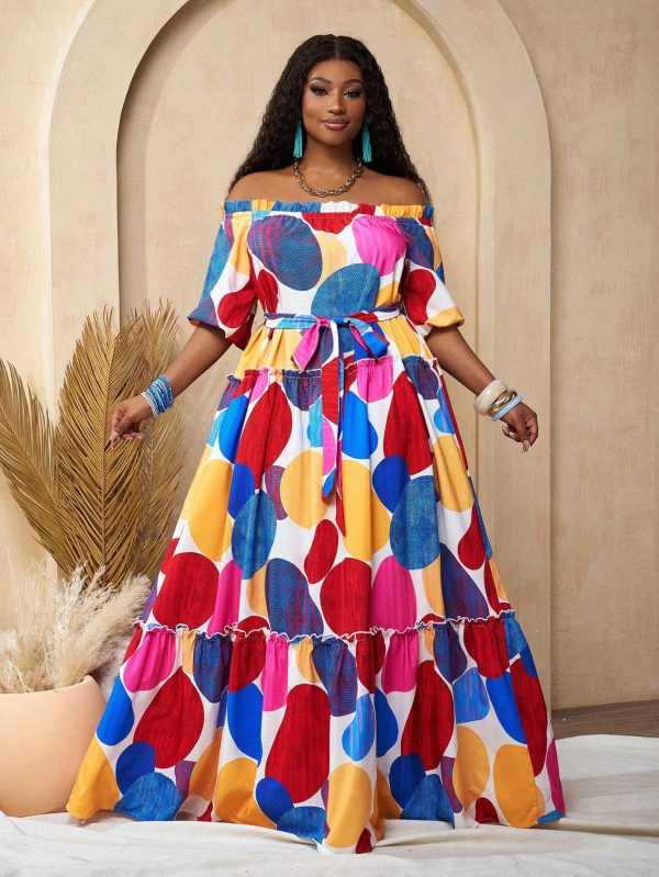 Fashionable Women's Open Shoulder African Print Dress With Mid-Sleeves, Spring/Summer