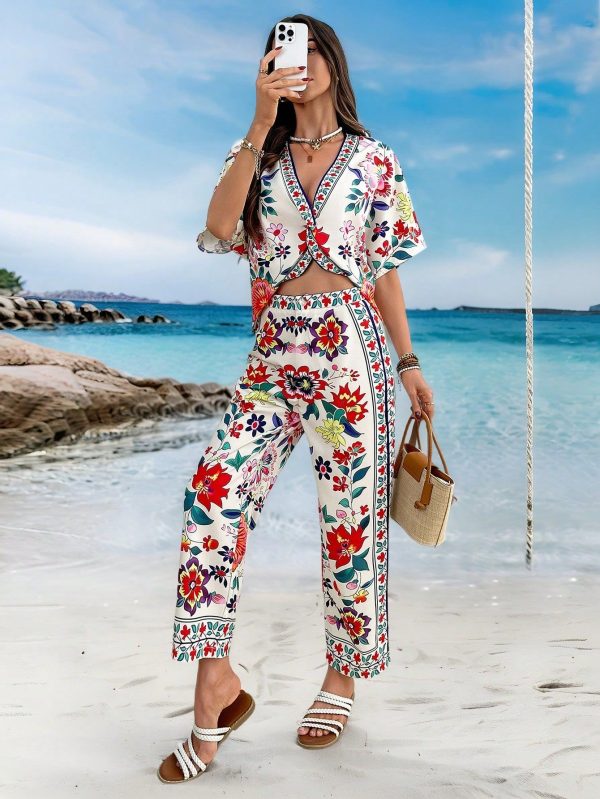 Women 2pcs Set Floral Print Batwing Sleeve Shirt And Pants, Casual Vacation Outfit Summer Outfits For Women Women Clothing Summer 1960s Outfit