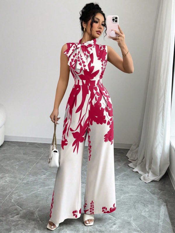 Women's Tie Bow Neck Sleeveless Digital Print Jumpsuit