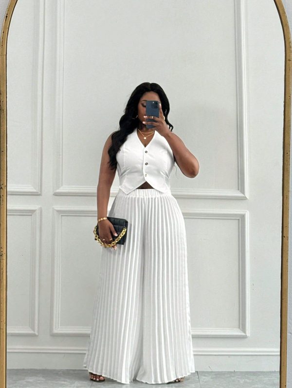 Plus Size Women 2 Pieces Set: Solid Color Sleeveless V-Neck Front Button Tank Top And Extra Long High Waist Pleated Pants, Casual Vacation Outfit, Spring/Summer
