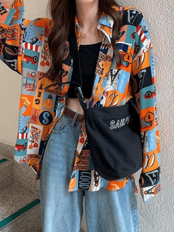 Zingj Vintage Mixed Print Long Sleeve Blouse- Outfit Ideas Orange-XL