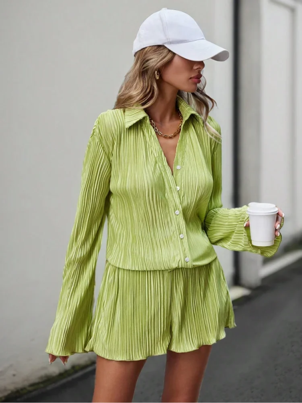 Causal Green Pleat Lapel Women Shorts Suits Fashion Long Sleeve Single