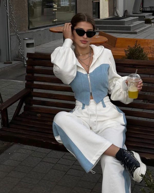 Denim Patchwork Top+pant 2 Piece Sets Women's Spring Fashion Zipper Hoodies Coat Outfits Casual Wide