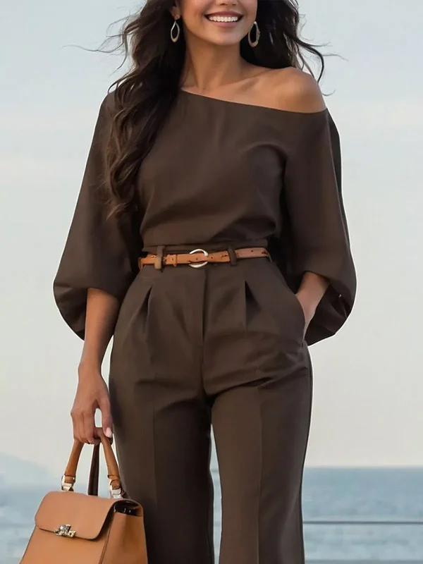 Women Urban Blouses Balloon Sleeve One Shoulder Loose Three Quarter Sleeve Plain Spring/Fall for Commuting