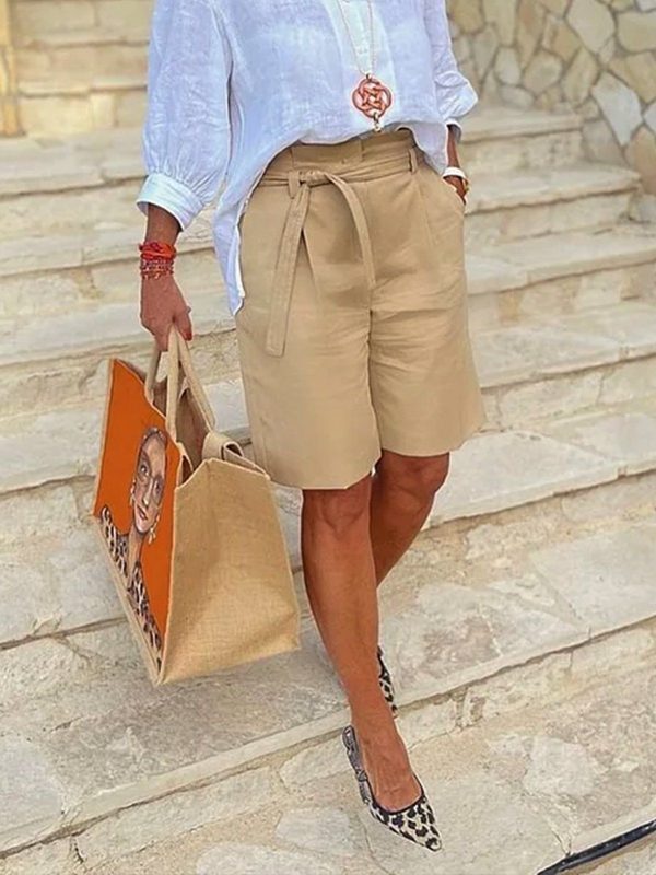 Women Casual Plain Summer 100% Cotton Zipper Belt Natural Regular Fit Regular Fifth Pants Shorts